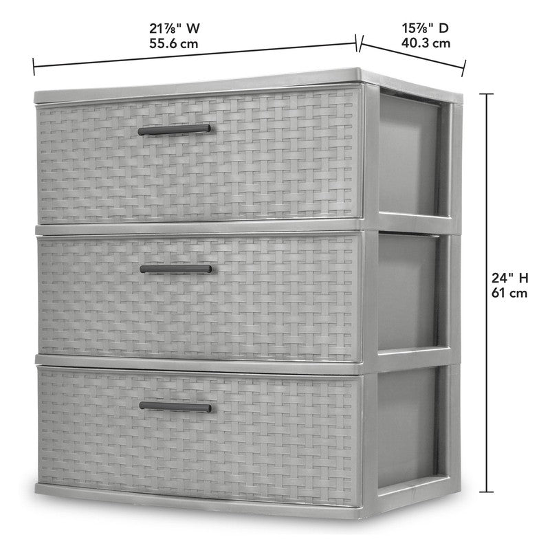 3 Drawer Wide Weave Tower, Plastic Décor Drawers with Pull Handles, Light Gray1
