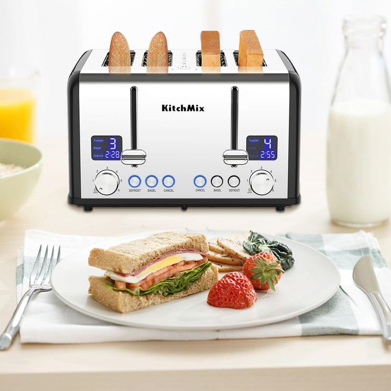 4 Slice Toaster Black - Stainless Steel, LCD Timer, Wide Slots, Dual Display7