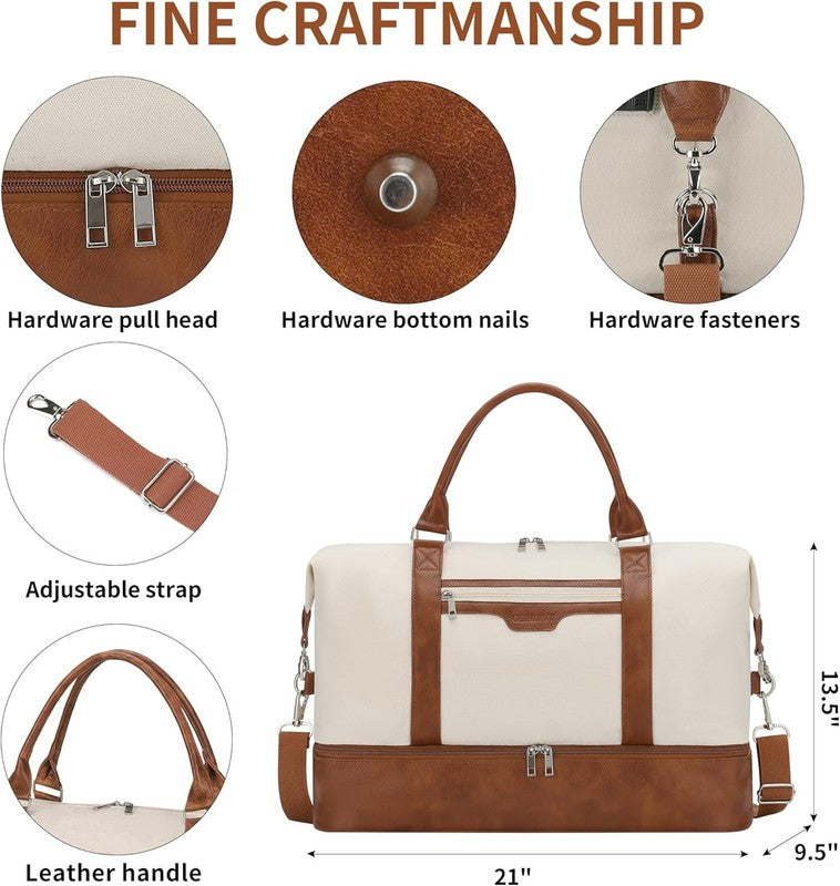 21in Women Weekender Duffle Bag 2Pc Canvas Leather Carry On Shoe Compartment1