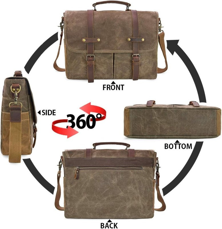 Mens Messenger Bag 15.6in Waterproof Leather Laptop Briefcase Satchel Khaki5