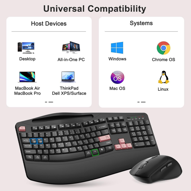 2.4G Wireless Keyboard and Mouse Combo Ergonomic Full Size Pink7