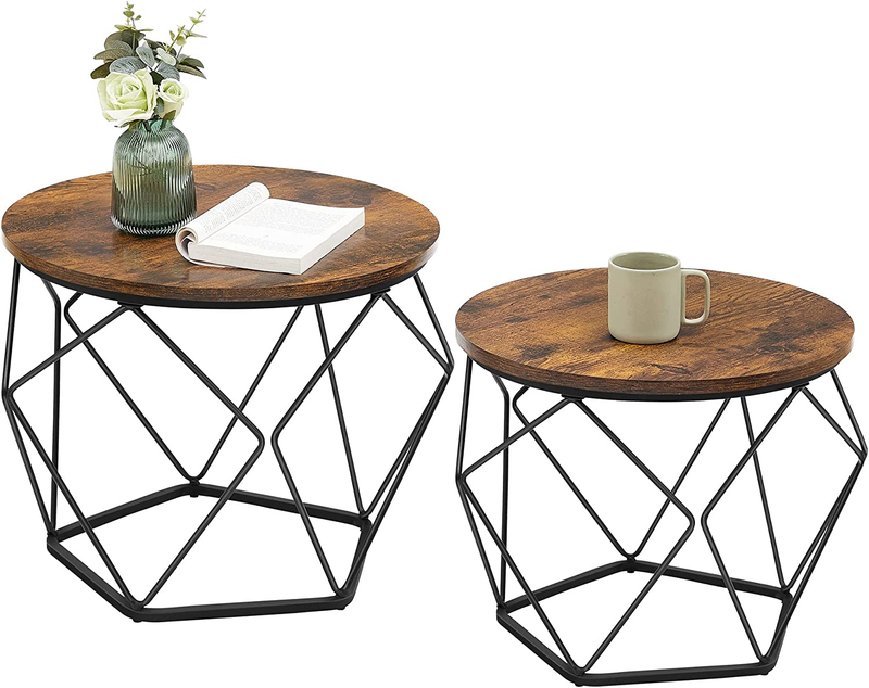 Small Round Coffee Table Set of 2 Steel Frame Side End Tables Rustic Brown Black10