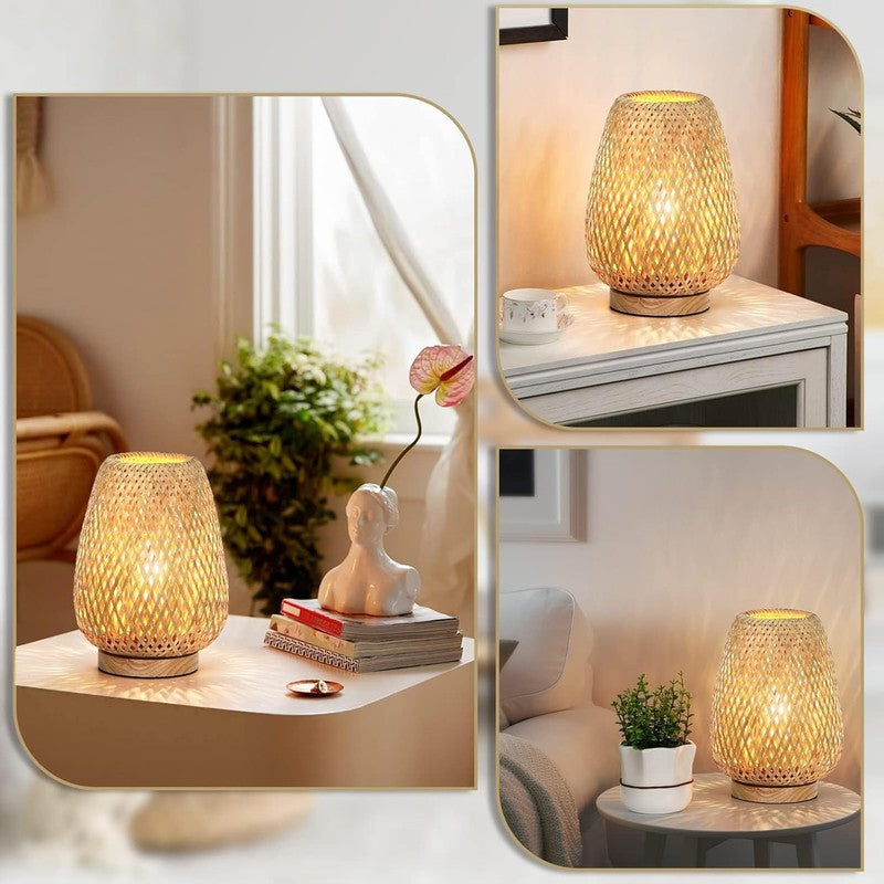 Rattan Table Lamp Dimmable Small Bedside Wicker Nightstand Wooden LED6