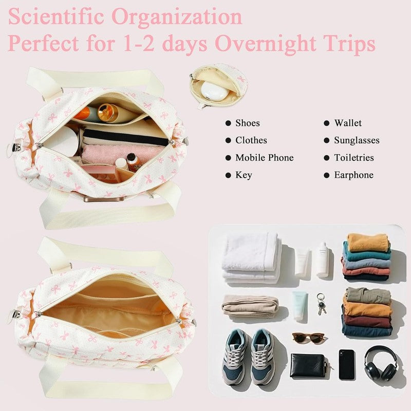 Mini Gym Bag Women Quilted Duffel Wet Compartment Coin Purse Beige Pink Bow3
