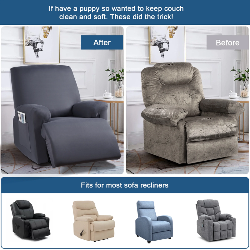 3-Piece Dark Gray Recliner Slipcover Stretch Chair Cover with Pockets4