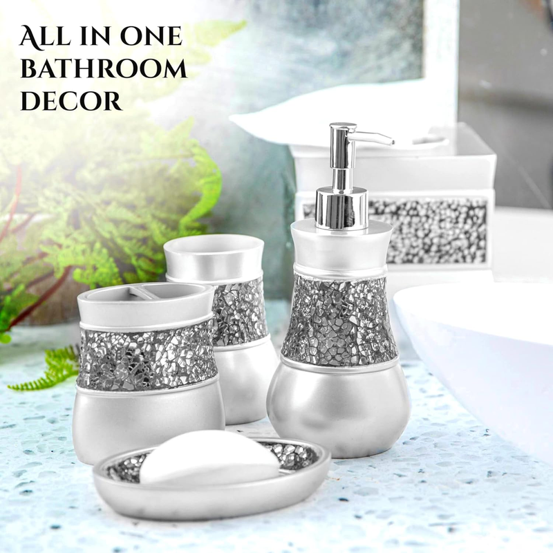 Elegant 4-Piece Crackled Glass Bathroom Accessory Set - Silver Finish4