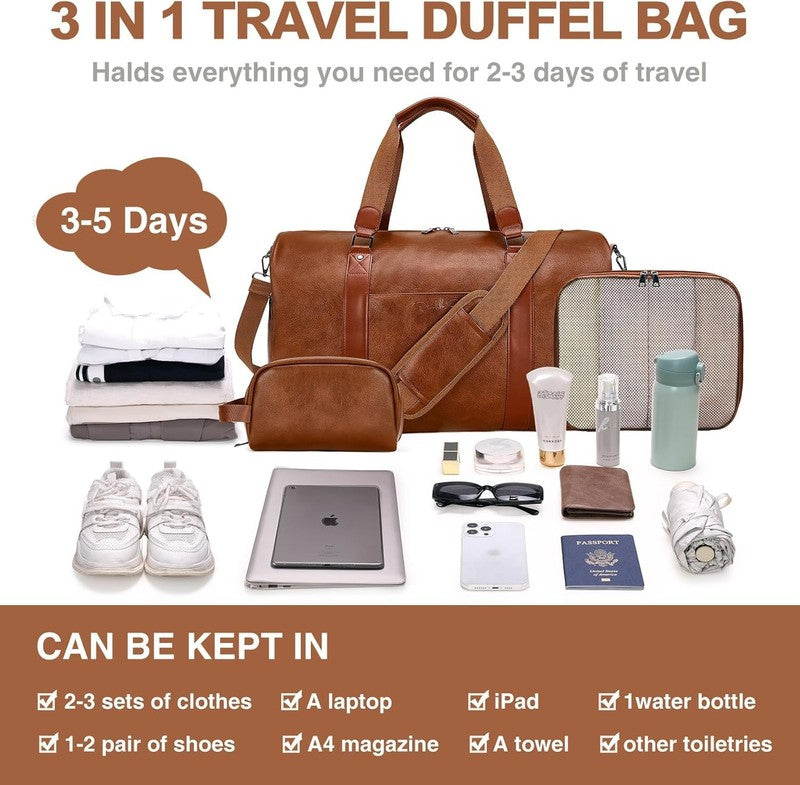 3 in 1 Leather Travel Duffle Bag Weekender Overnight Gym Bag w/ Shoe & Toiletry2
