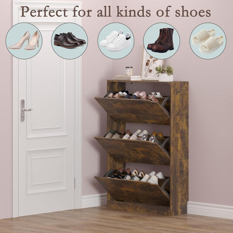 Shoe Cabinet 3 Flip Drawers Freestanding Wood Storage Entryway Hallway3