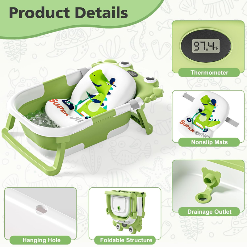 Collapsible Baby Bathtub Thermometer Soft Cushion Foldable Travel Tub0 36M Green1