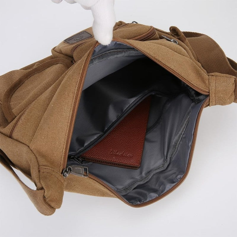 Canvas Shoulder Bag Men Multi Pockets 13 Inch Laptop Crossbody Sling Travel Bag6