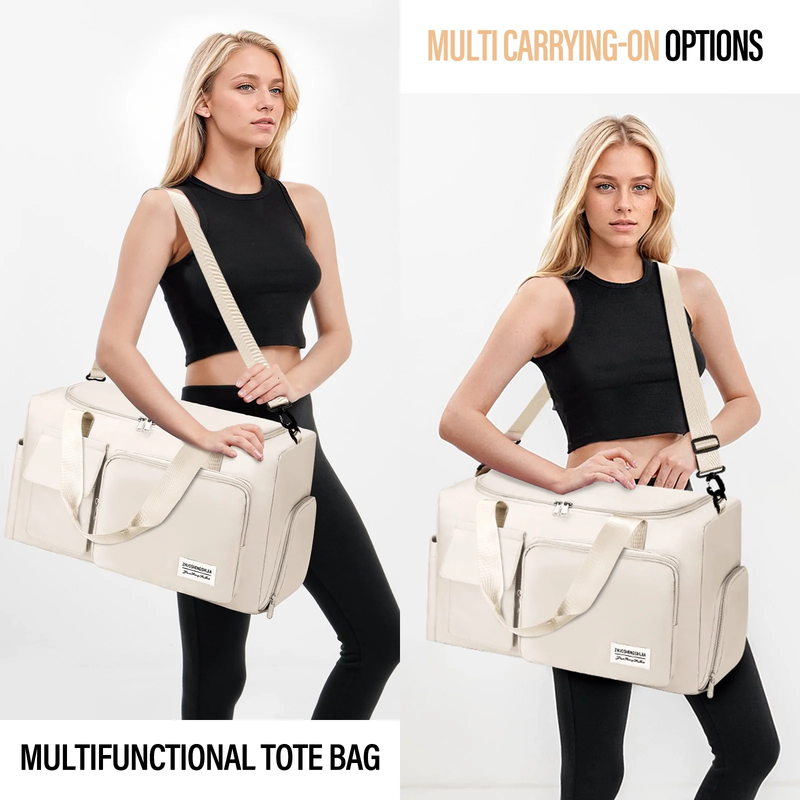 Gym Bag Women Shoe Compartment Dry Wet Travel Weekender Overnight Beige3