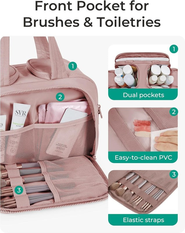 Travel Toiletry Bag Large Wide-Open Makeup Organizer Handle for Women Dark Pink1
