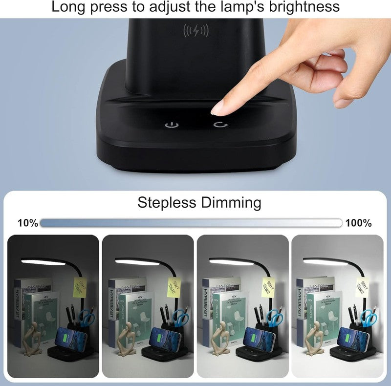 LED Desk Lamp with Wireless Charger & Pen Holder, Dimmable 3 Color Modes4