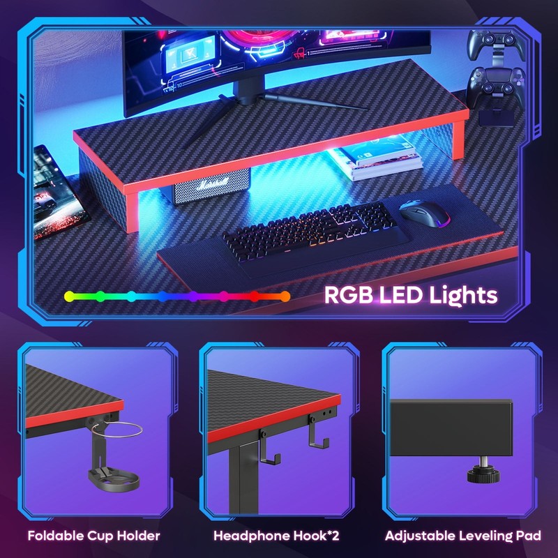 42" Gaming Desk PC Table w/ LED Lights & Monitor Stand Red4