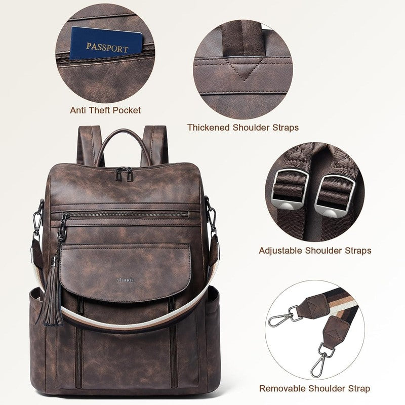 Women Laptop Backpack 15.6" Leather Travel Work Water Resistant Coffee7