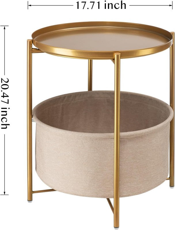 Round Side Table Nightstand with Fabric Basket & Removable Tray Gold2