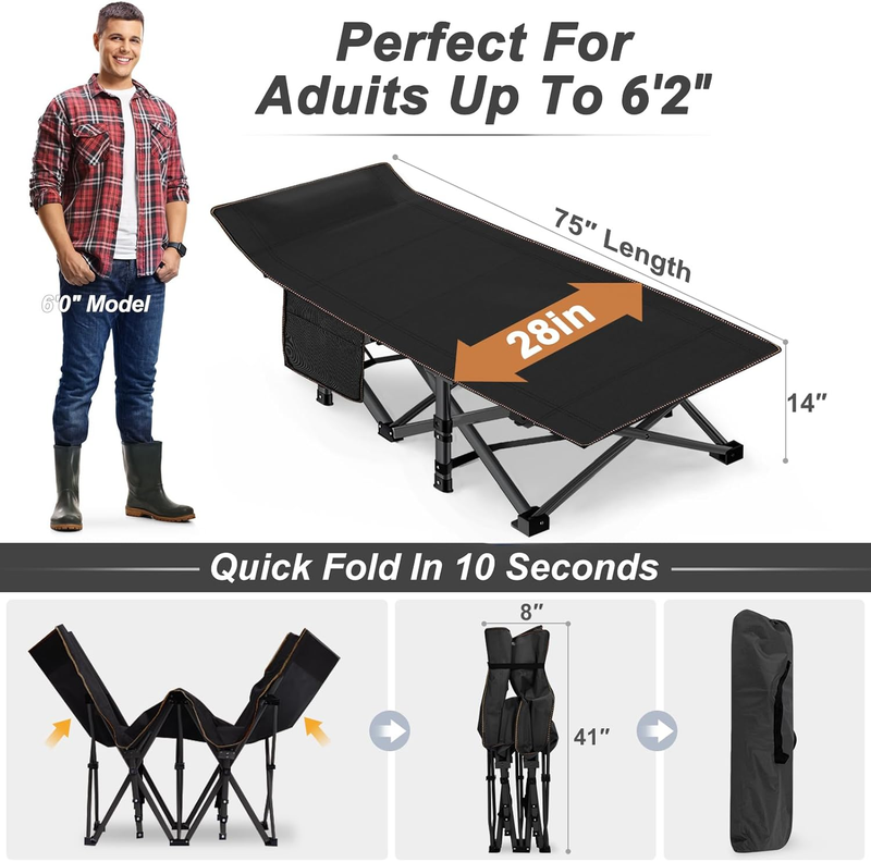 2PK Camping Cot 28" Extra Wide Heavy Duty 1200D Oxford Folding Bed w/  Carry Bag4