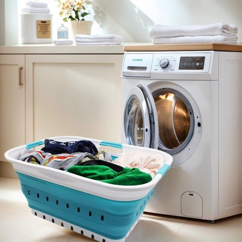 42L Collapsible Plastic Laundry Basket White/Bright Blue Foldable Hamper4