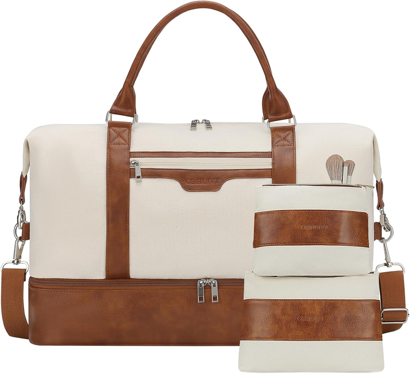 21in Women Weekender Duffle Bag 2Pc Canvas Leather Carry On Shoe Compartment0