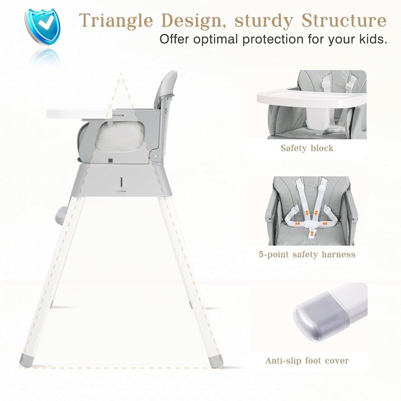 5 in 1 Foldable Baby High Chair Toddler Booster Seat w/ Tray & Harness Grey3