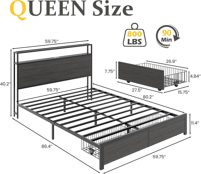 Queen Bed Frame LED Storage Headboard Drawers Charging Metal Rustic Grey1