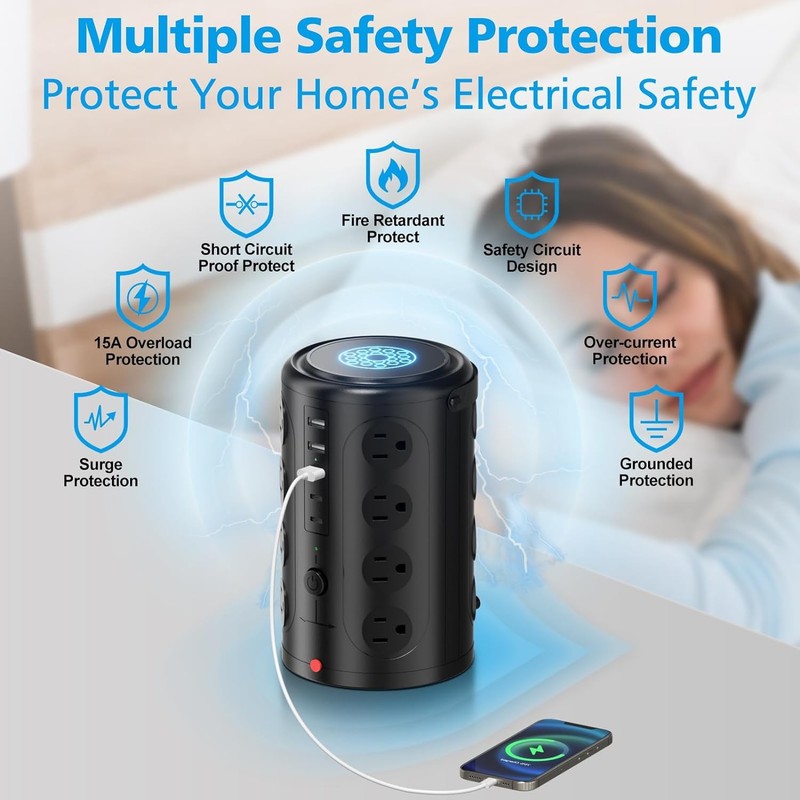 Tower Power Strip Surge Protector with 16 Outlets and 5 USB Ports (2 USB-C), 6FT2
