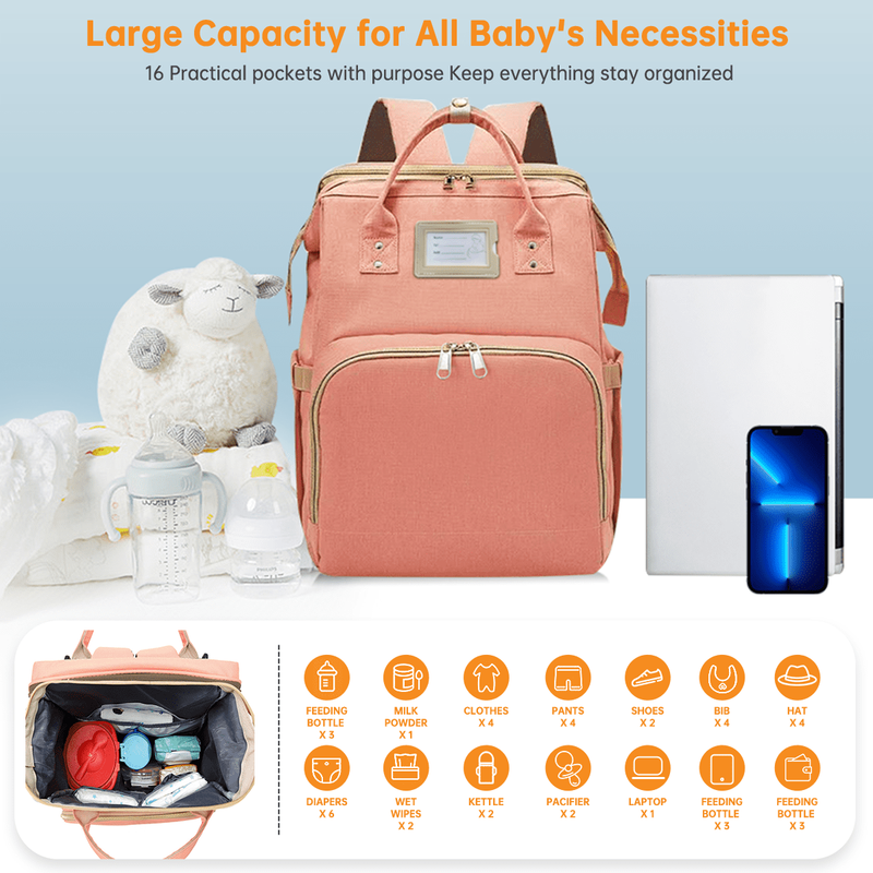 Diaper Bag Backpack w/ Changing Station USB Port Crib Pink Large2