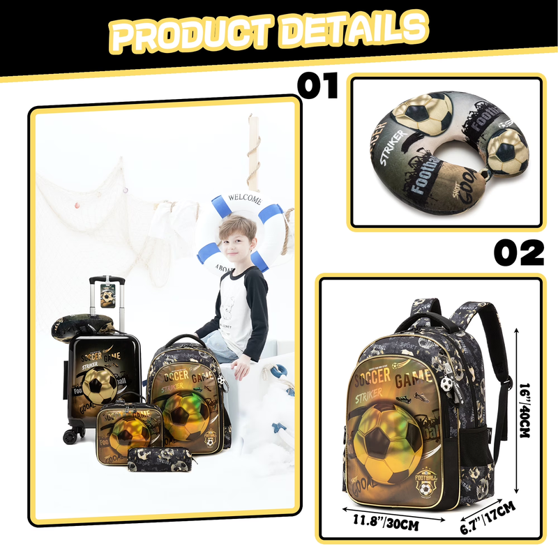 Kids Carry On Luggage Set Boys 5Pc Hardshell Suitcase Backpack Lunch Bag 16"2