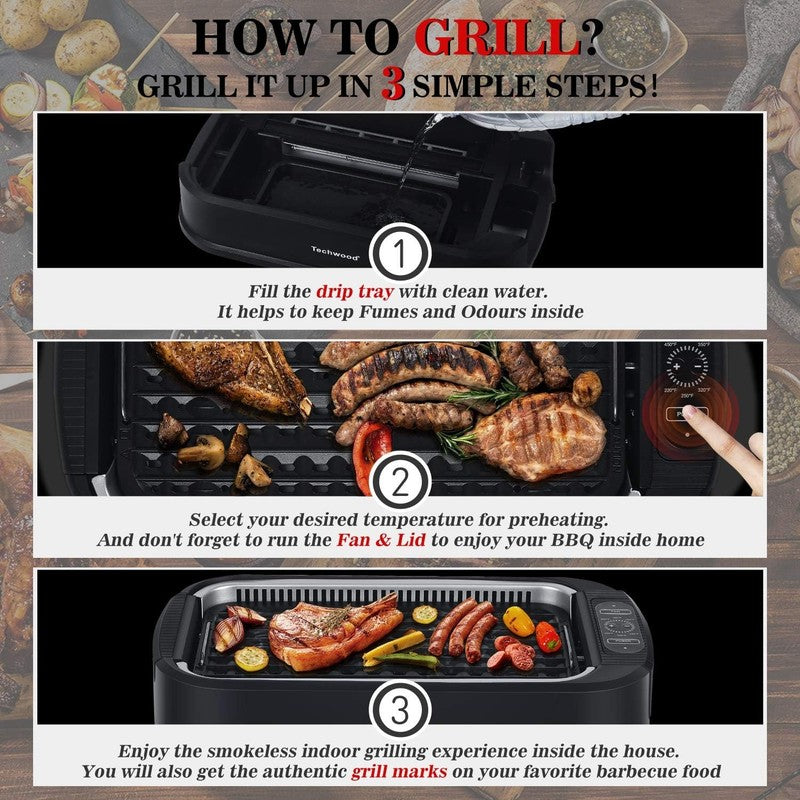 1500W Smokeless Indoor Electric Grill Nonstick BBQ Glass Lid Black3