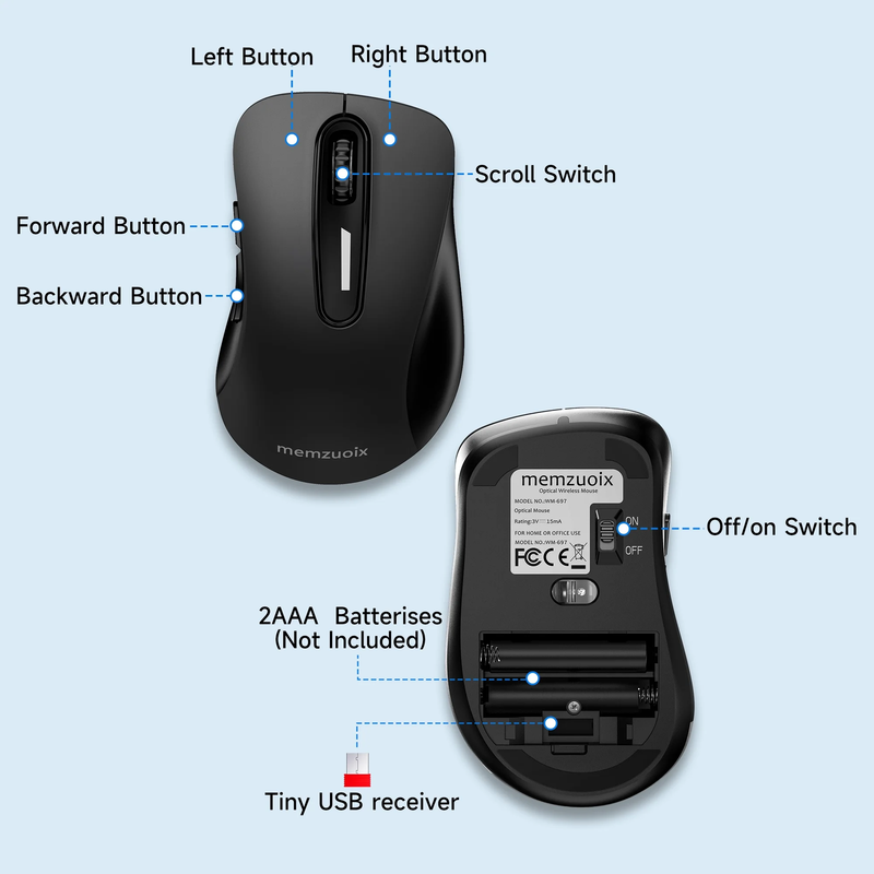 2.4GHz Wireless Mouse 1200 DPI 5 Button USB Receiver PC Laptop Black Pearl2