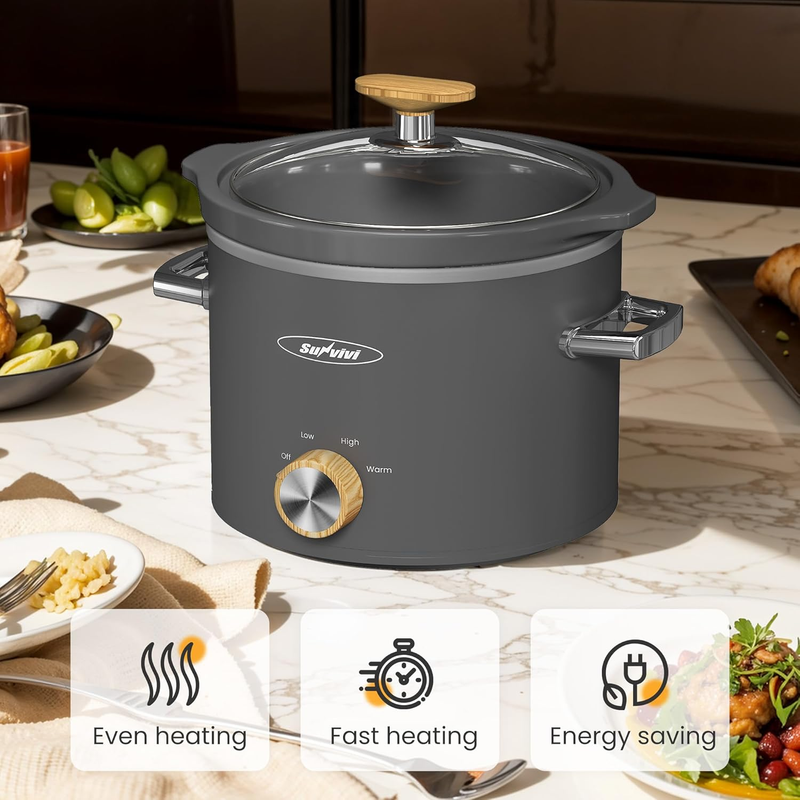 2Qt Slow Cooker Small Removable Ceramic 3-Setting Grey Food Warmer1
