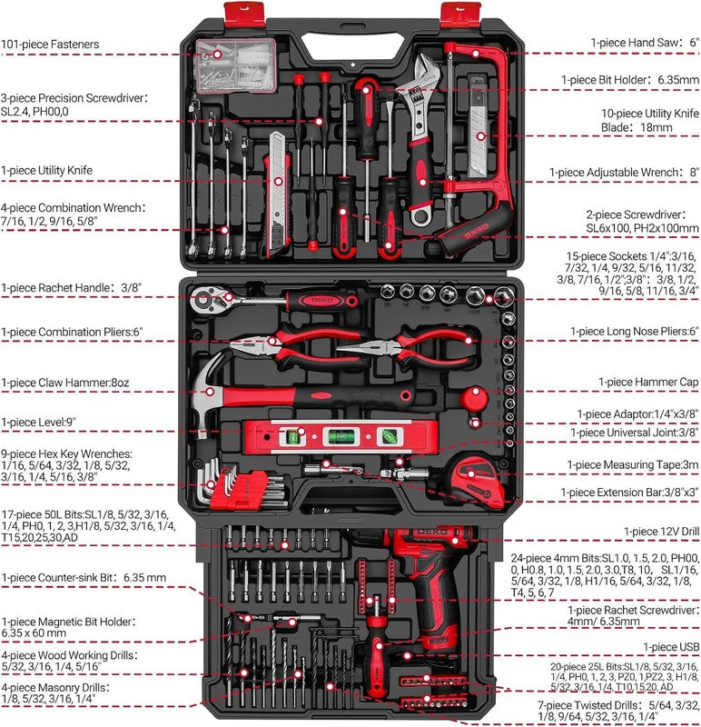 12V Cordless Drill Tool Kit Red Home Repair Hand Drill Set for DIY & Home1