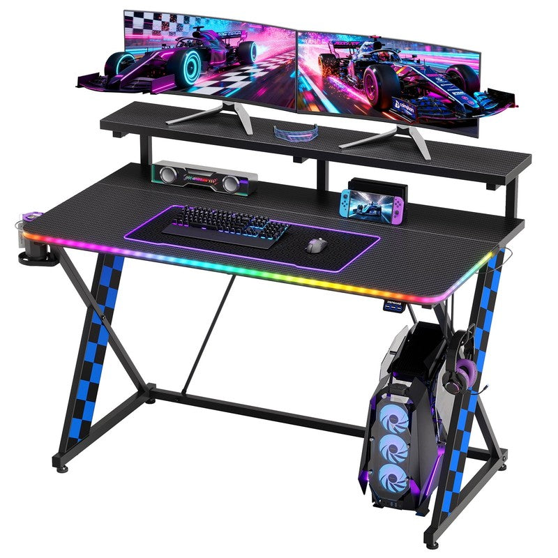 43" X-Shaped Gaming Desk with Music Sync LED, Monitor Stand Black Racing2