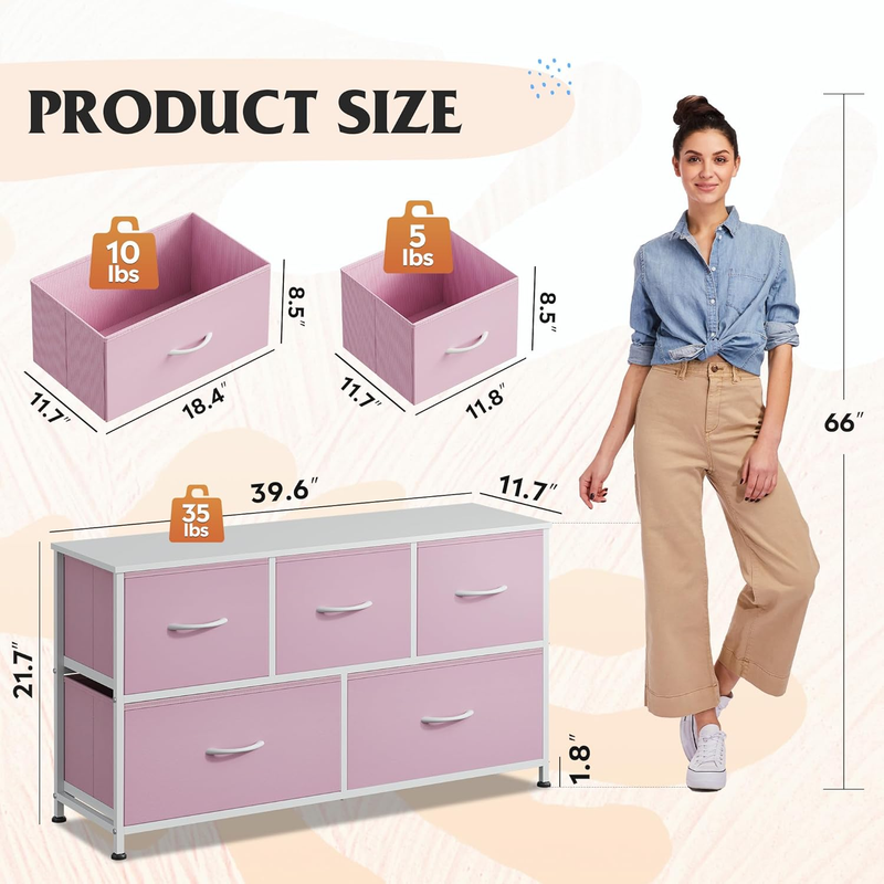 5 Drawer Fabric Dresser Chest Storage Organizer Bedroom Closet Pink A-Pink2