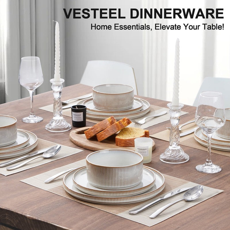 Dinnerware Set for 4, 12 Piece Premium Stoneware Ribbed Dishes with Reactive Gla2