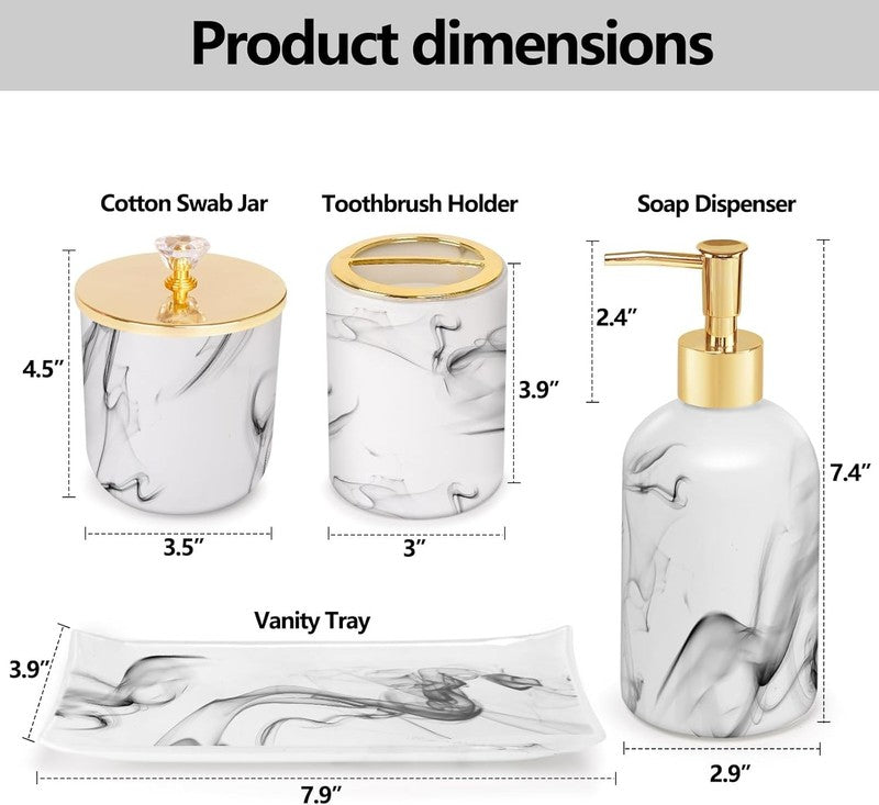Marble Look Bathroom Accessories Set - 4 Pcs Soap Dispenser & Toothbrush Holder2