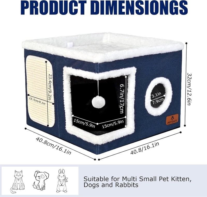 Cat Beds for Indoor Cats, Large Cat Cave Bed with Scratch Pad and Fluffy Ball, F1