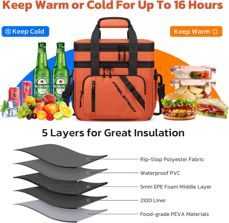 20L Expandable Double Deck Insulated Lunch Bag Orange Cooler3