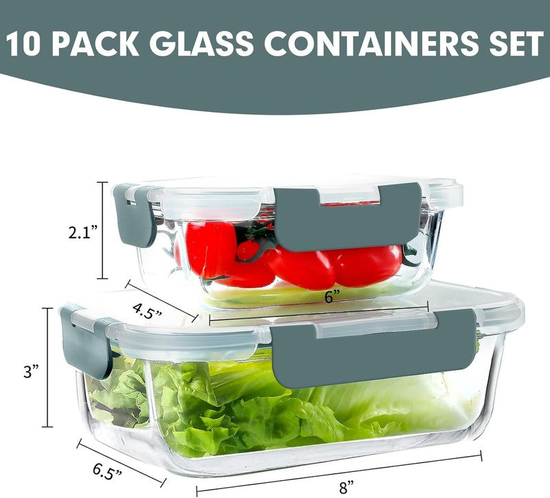 10 Pack Airtight Glass Meal Prep Containers Stackable Lids Grey1