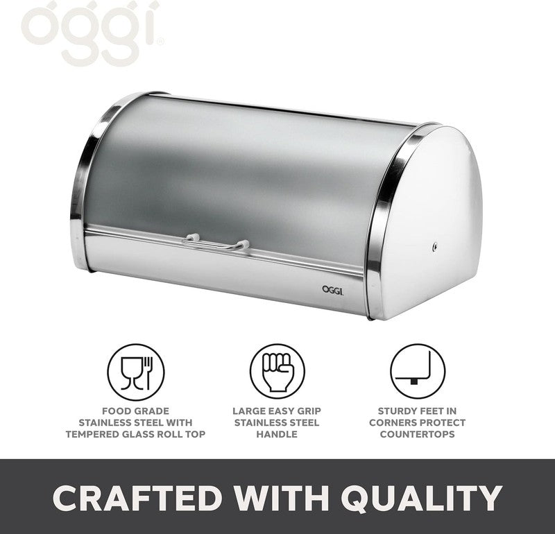 Stainless Steel Roll Top Bread Box Frosted Lid Large Countertop Bread Storage4