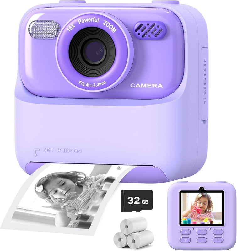 Kids 1080P HD Dual-Lens Instant Camera with Print Paper & 32G Card0