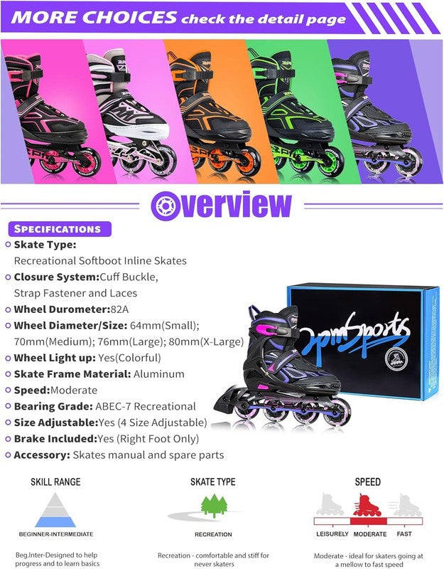 Vinal Girls Adjustable Flashing Inline Skates, All Wheels Light Up, Fun Illumina5