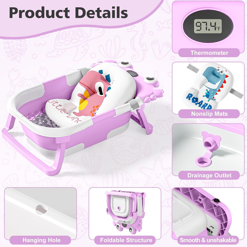 Collapsible Baby Bathtub Thermometer Soft Cushion Foldable Baby Tub 0 36M Purple1