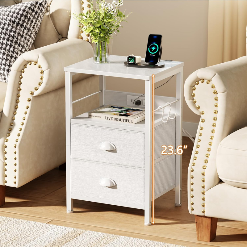 End Table with Charging Station, Nightstand with Fabric Drawers, Side Tables wit3