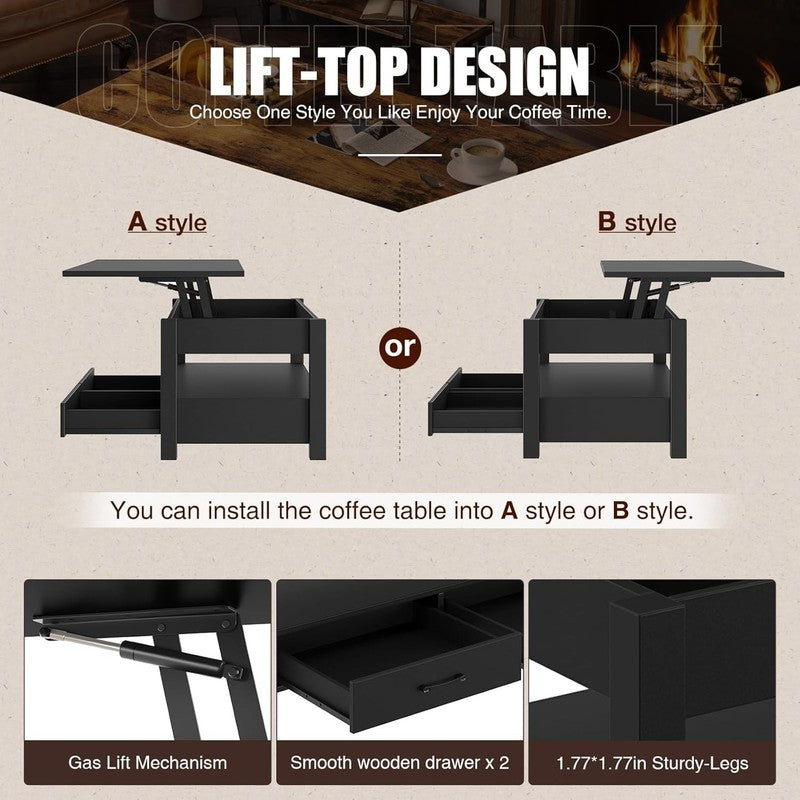 Lift Top Coffee Table w/ Drawers Hidden Compartment Retro Wooden Black5