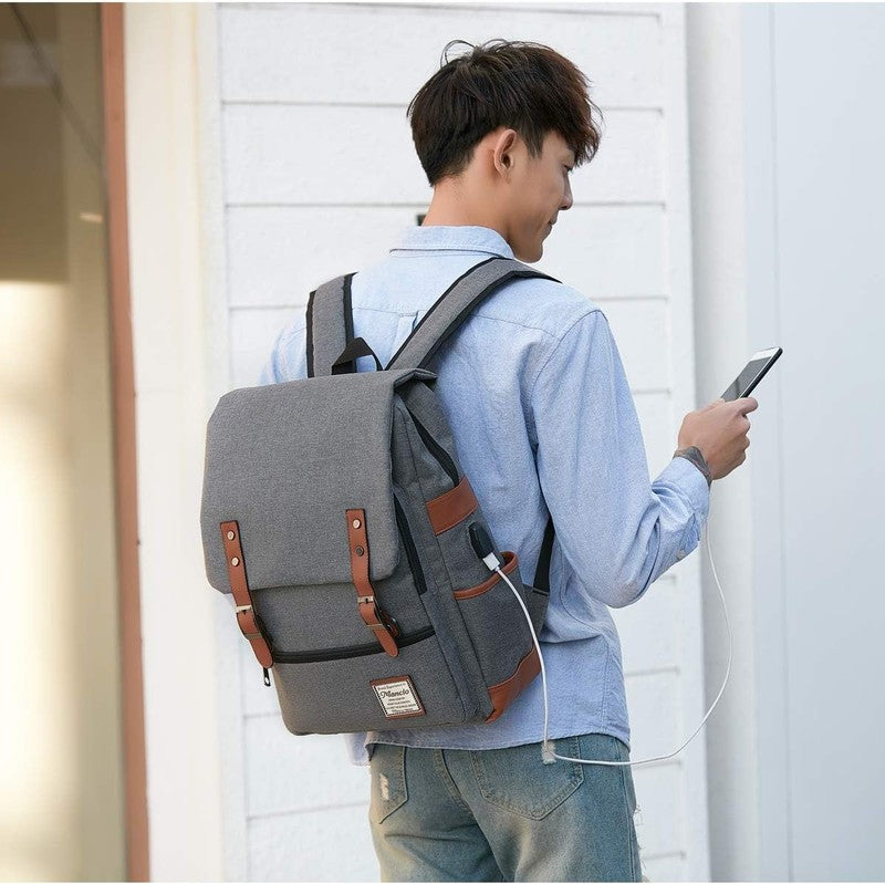 Vintage Laptop Backpack USB Charging Slim 15.6" Travel College Grey5