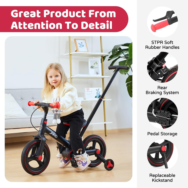 6-in-1 Toddler Bike 12" Balance Bike Push Handle Training Wheels Kids4