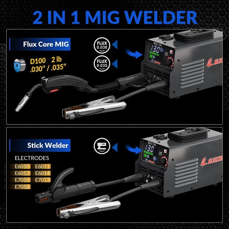 130A Portable MIG Welder,110V 2 in 1 Gasless Flux Core Mig/Stick Welding Machine1