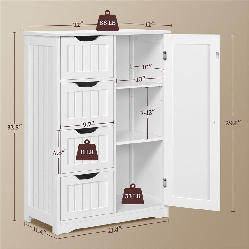 Wooden Cabinet Storage Unit with 4 Drawers & Cupboard for Bathroom, White1