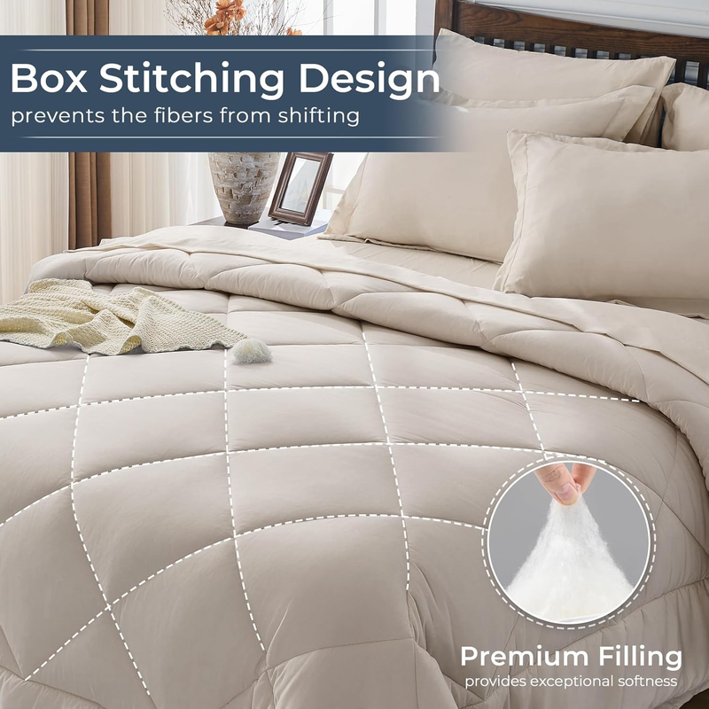 Beige Tan Queen Comforter Set 7 Piece Bed in Bag Ultra Soft Shams Set Beige Tan3